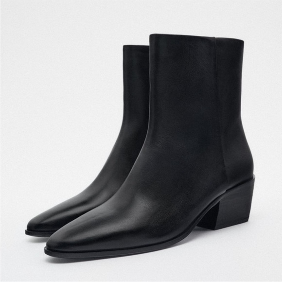 Zara Block Heel Leather Ankle Boots - Picture 1 of 8